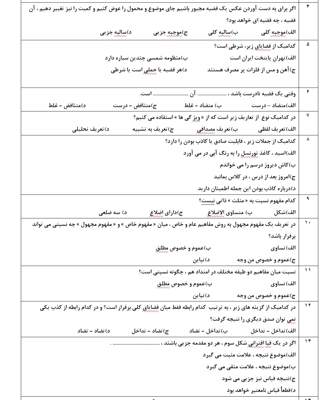 سوالات تستی منطق پایه دهم انسانی (کلیه دروس)